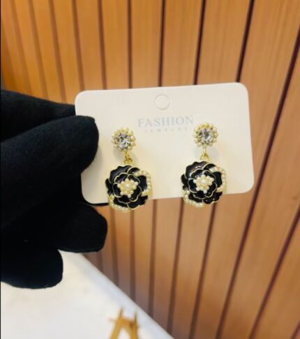 Black Flower Pearl Drop Earrings