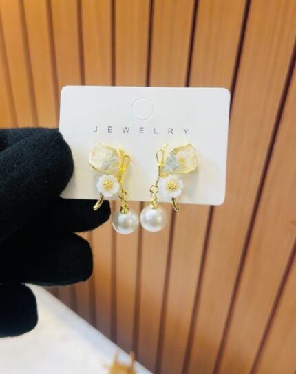 Gold Leaf and Flower Pearl Drop Earrings