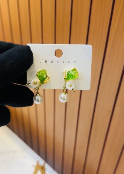 Green Leaf and White Flower Pearl Drop Earrings
