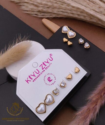 Gold Heart & Crystal Stud Earrings Set