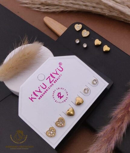 Combo Golden Heart & Crystal Stud Earrings Set